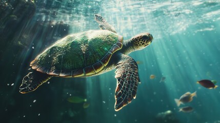 Fototapeta premium A vibrant close-up of a sea turtle gracefully swimming underwater, its textured shell reflecting sunlight filtering through the crystal-clear ocean