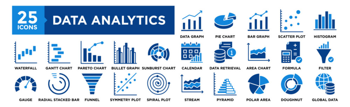 Data Analytics icon collection set. Containing design Data Graph, Pie Chart, Bar Graph , Scatter Plot, Histogram	