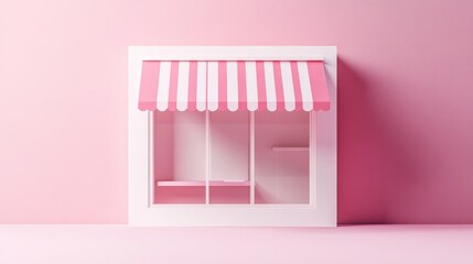 A 3D-rendered minimalistic exhibition booth with a pink striped awning, set against a pastel pink background