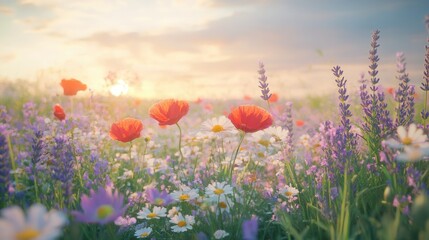 Obraz premium A beautiful field of spring flowers, including lavender, daisies, and poppies