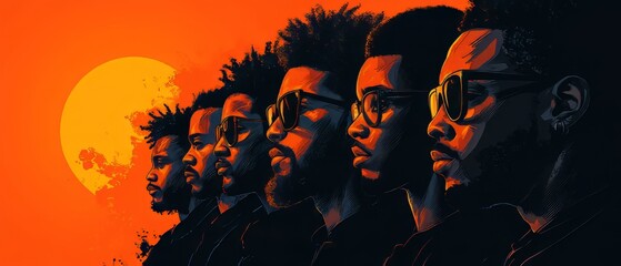 Silhouetted Figures Of Black Men With Afros, Wearing Sunglasses, Stand Against An Orange Sunset.  The Image Is Stylized And Powerful.