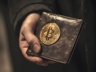 A hand holding a wallet with a Bitcoin symbol, representing cryptocurrency and digital finance.