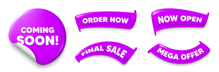 Coming soon purple sticker, Sale offer ribbons. Final sale, Order now. Coming soon tag. Promotion banner sign. New product release symbol. Sticker badge. Flag ribbon banners. Vector