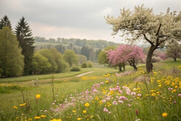 Fototapeta premium Soft focus landscape with blurred trees and flowers in a serene spring background, calm, blurred