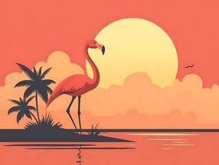 Flamingo on tropical island sunset