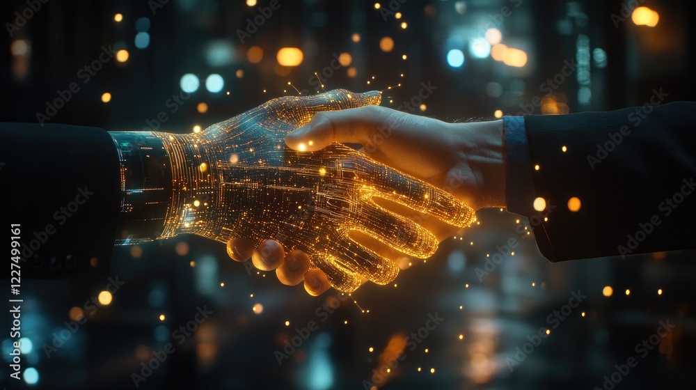 Poster a handshake between two businesspeople with a glowing digital overlay, representing the merging of t