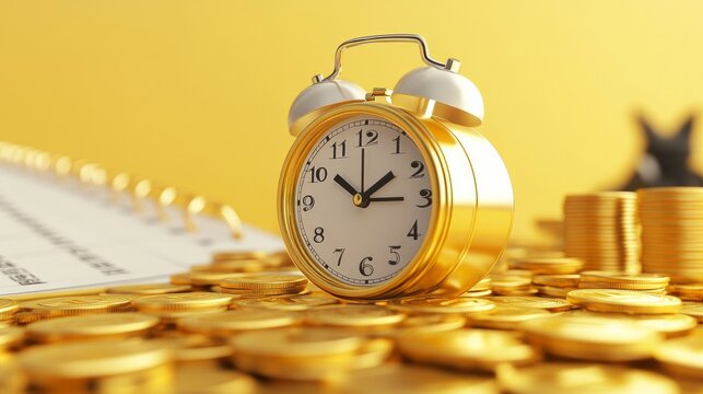 A 3D-rendered scene of a calendar and alarm clock surrounded by gold coins, symbolizing timely payment reminders and financial planning