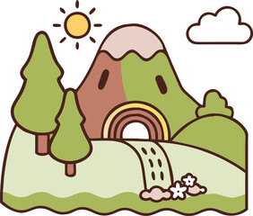 Cute Nature Scene Graphic: Sun, Mountain, and River