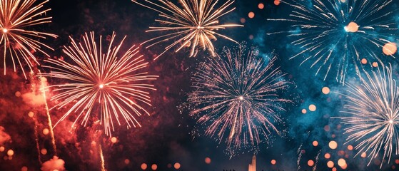 Naklejka premium Independence Day fireworks show over a historic monument, celebrating victory and freedom, with a crowd of people watching in awe