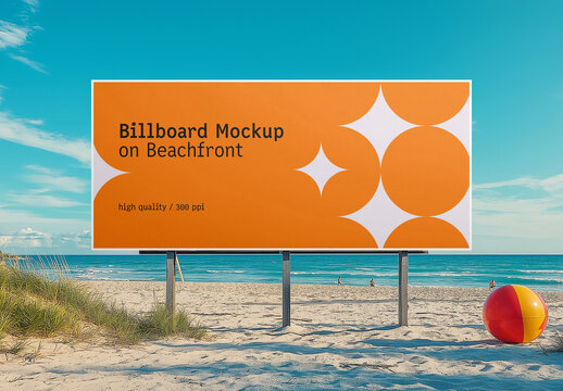 Outdoor Billboard Mockup on Beachfront with Clear Sky &ndash; Large Blank Banner for Advertising, Marketing Display, and Poster Promotion, Generated with AI