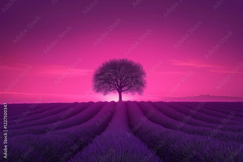 Poster a single tree in the middle of an endless lavender field