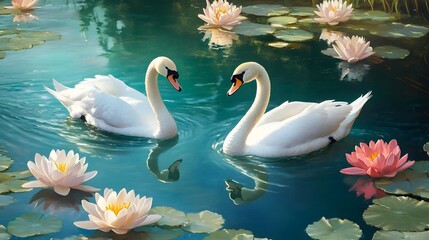 Obraz premium Elegant Swans Gracefully Swimming Among Water Lilies in Pond