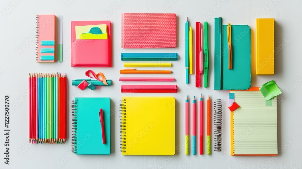 Poster a lively arrangement of colorful notebooks with bright highlighters and sticky notes, all neatly pla