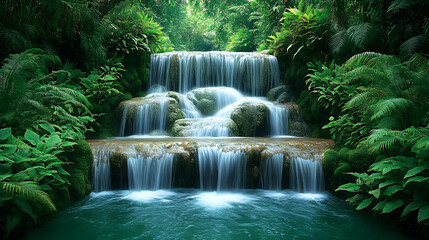 A beautifully detailed photography of a Highland waterfall cascading over moss-covered rocks, surrounded by lush greenery and wild ferns.