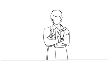 Young medical doctor man filling out prescription continuous one line drawing, One continuous line drawing of senior doctor giving mentoring to the young male Hospital health care concept.