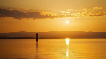 A lighthouse standing proud as the sun sets over Lake Neusiedl, bathing the water in golden hues, capturing the essence of tranquility and natural beauty