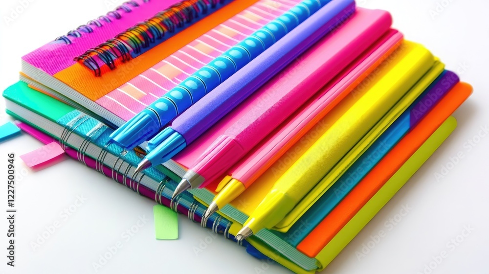 Poster a lively arrangement of colorful notebooks with bright highlighters and sticky notes, all neatly pla