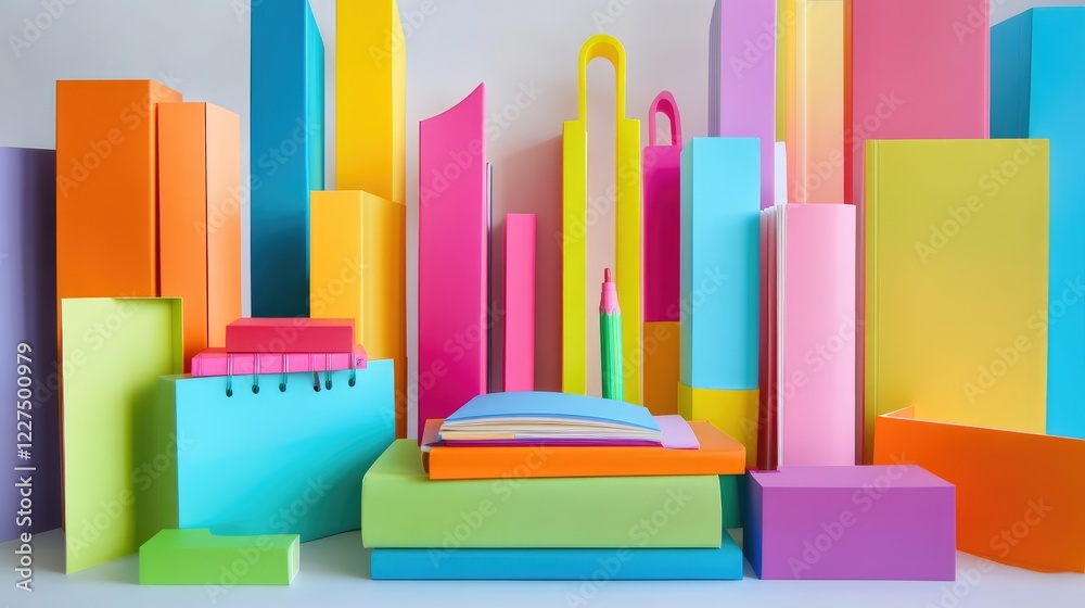 Poster a lively arrangement of colorful notebooks with bright highlighters and sticky notes, all neatly pla