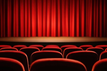 Theater scene with empty red velvet seats and curtain backdrop.