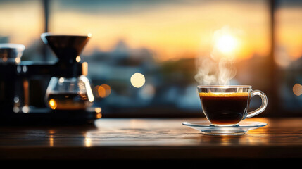 steaming cup of coffee sits on wooden table, with coffee maker in background, illuminated by warm sunset glow