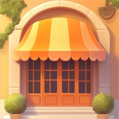 Sunny Italian shop entrance, plants, awning.  Website design