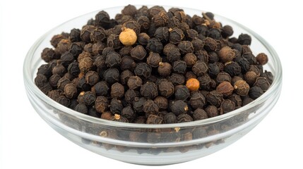 A close-up photo of dried black peppercorns in a glass bowl, highlighting their rich texture and spicy aroma as a key cooking ingredient