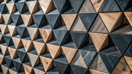 Triangular mosaic tiles with a soft sheen, stacked timber blocks create a 3D wall texture design