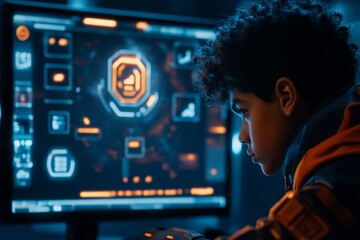 A futuristic scene of a person in a high-tech workspace, distracted by floating holograms of social media notifications, surrounded by sleek, glowing gadgets