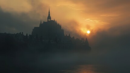 Fototapeta premium Mystical Sunrise Over Historic Castle Surrounded by Fog and Water