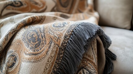 A luxurious hand-woven throw blanket with paisley patterns, crafted from a soft blend of wool and cashmere, bringing both warmth and artistry to home decor
