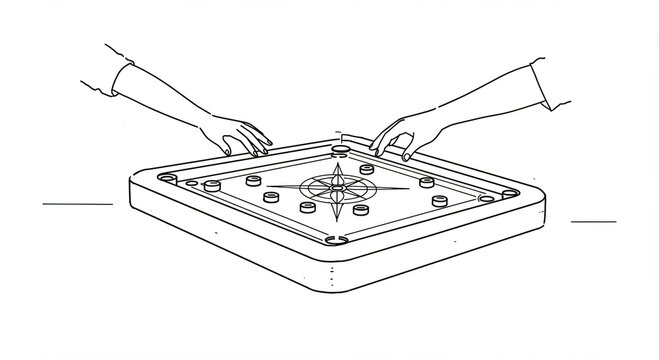 Line drawing of a carrom board with two hands above it.
