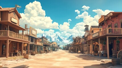 A concept illustration of a classic Wild West town, designed in a video game-inspired digital CG art style with realistic cartoon elements