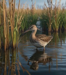 Snipe wading through knee-deep water with reeds , vegetation, nature