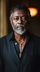 Obraz premium A Serious-Looking Older Man With Graying Hair And A Beard, Wearing A Dark Shirt And A Necklace, Stares Intensely At The Camera.