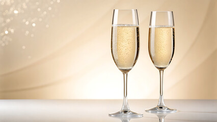 two champagne glasses filled with sparkling champagne. The glasses are standing upright on a white surface with a beige background. 