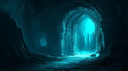 Naklejka premium A dark tunnel illuminated by an eerie blue glow, evoking a sense of mystery and depth
