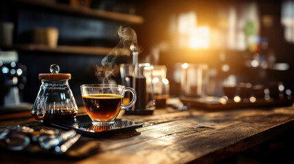 Aromatic coffee in glass cup on wooden table, with steam rising