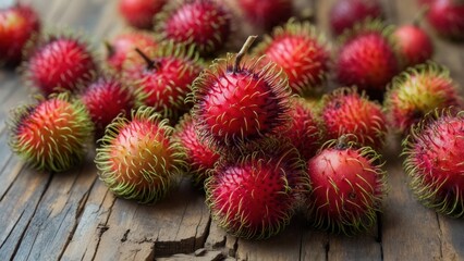 Fototapeta premium Fresh rambutan fruit laying on a rustic wooden surface in natural light