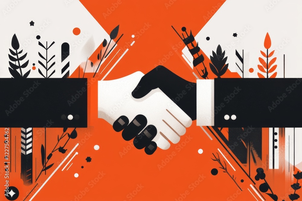 Fototapete a flat design of a handshake between a consultant and a client, with bold, clean lines and a muted c