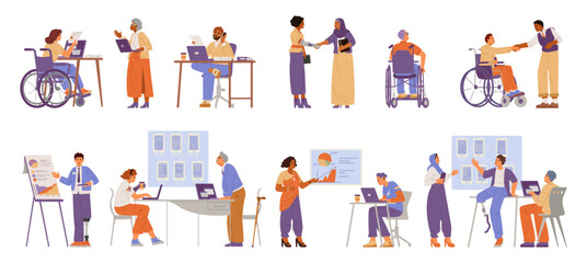 People of different races, age and gender, with disabilities working in the office flat vector illustrations set. Inclusive office concept. 