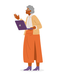 Senior African American woman holding laptop flat vector illustration isolated on white. Inclusive office concept.