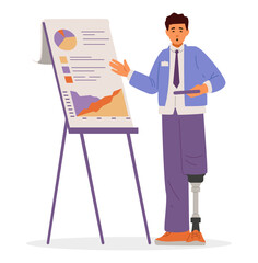 Man with leg prosthesis making business presentation flat vector illustration isolated on white. Inclusive office concept.