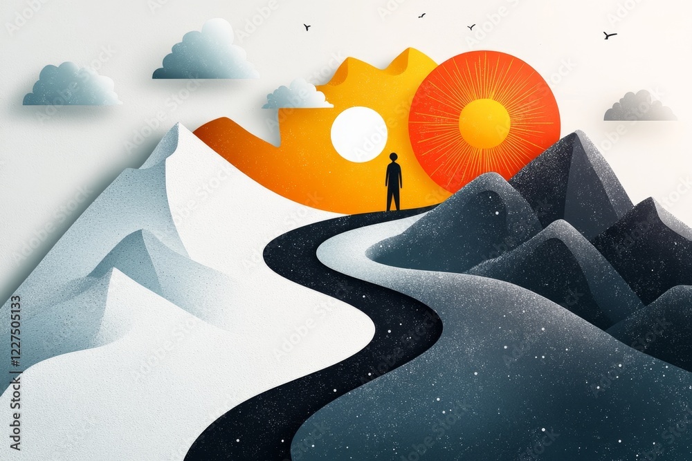 Poster a flat design of a person standing at a fork in the road, with one path sunny and clear and the othe