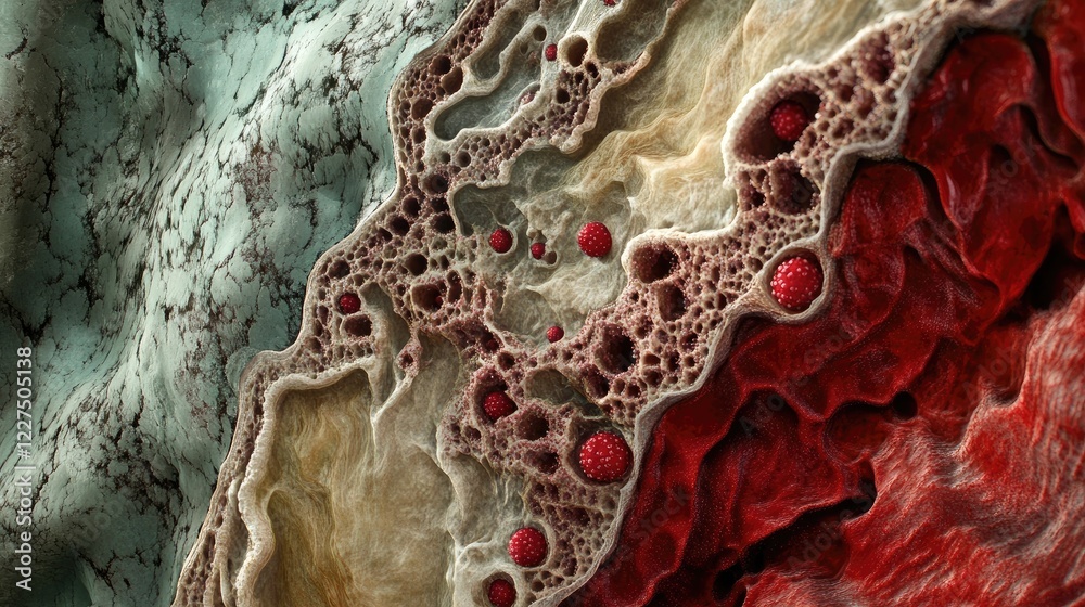 Poster a microscopic view of a vein cross-section, with blood cells flowing through and the structure of th