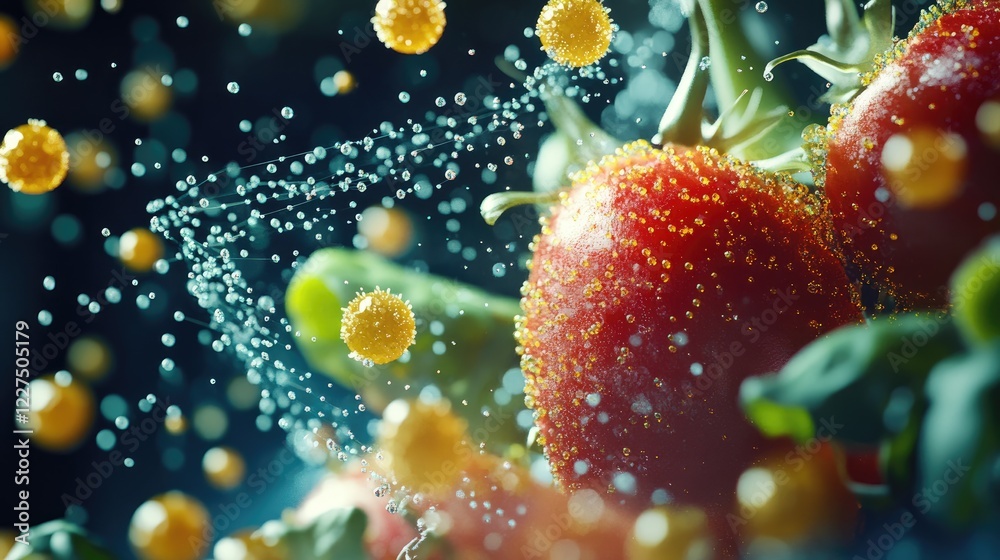 Poster A microscopic view of nanosensors embedded in food packaging, detecting contaminants and alerting consumers, showcasing innovation in food safety