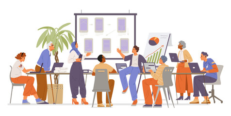 Diverse colleagues of different age, gender and ethnicity on a meeting in the office flat vector illustration isolated on white. Inclusive workplace concept.