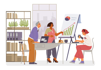 Diverse business team on a meeting in the office flat vector illustration isolated on white. Inclusive workplace concept.