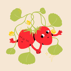 Cute strawberries couple in love illustration. Vector isolated romantic art of strawberry fruit with leaves. Colorful red green print. Valentine's day postcard and poster. Mascot design. Funny faces. 