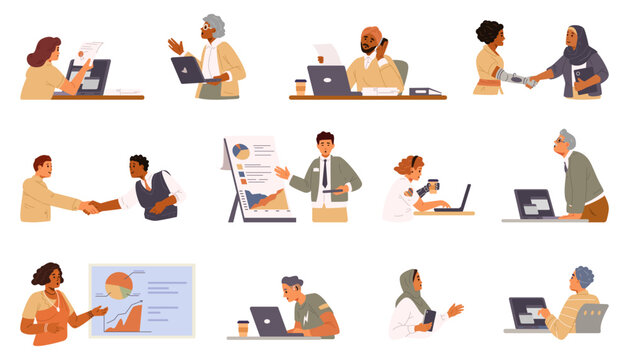 Different people working in the office flat vector illustrations set isolated on white. Men and women of different age, ethnicity, with disabilities at work.