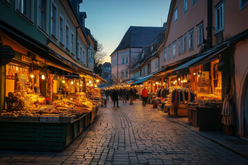 Obraz premium A street market in an old European town square at dusk